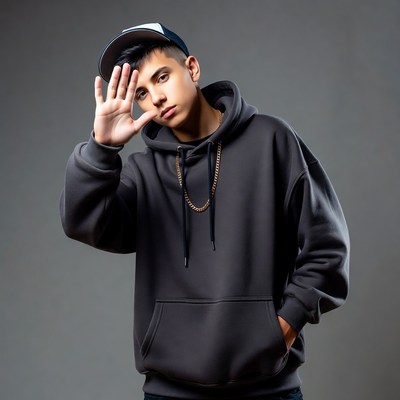 Young man hand gesture gray hoodie