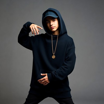 Boy posing in hoodie with hand signs