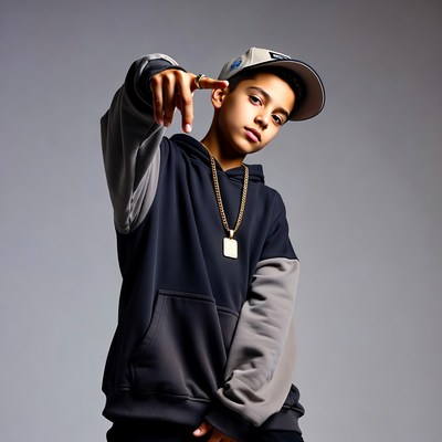 Boy pointing in hoodie and cap