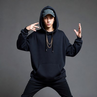 Teen boy posing with hand signs in hoodie