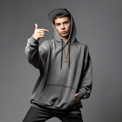Young man pointing in gray hoodie