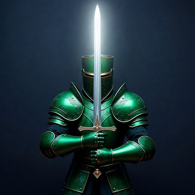 Green Knight Holding Glowing Sword
