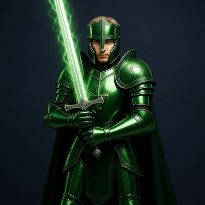 Knight wielding glowing green sword