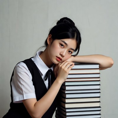 Asian woman leaning on books