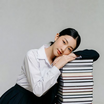 Asian girl resting on books