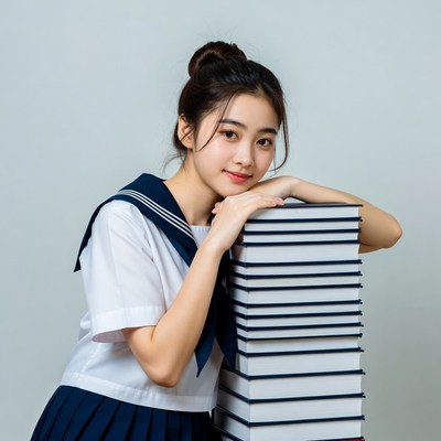Asian girl in sailor uniform with books