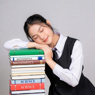 Asian girl sleeping on math books