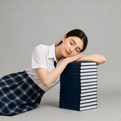 Asian girl sleeping on books
