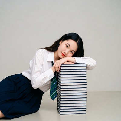 Asian girl leaning on books in school uniform