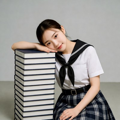 Asian girl leaning on book stack