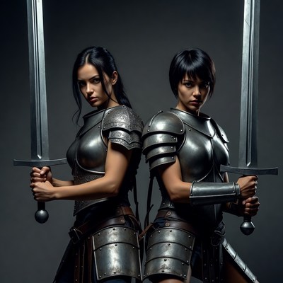 Two Latina women warriors with swords