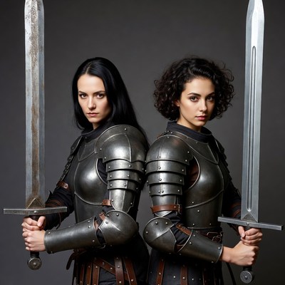 Two women warriors holding swords