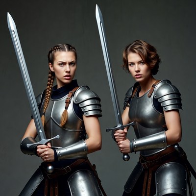 Two Female Warriors Holding Swords