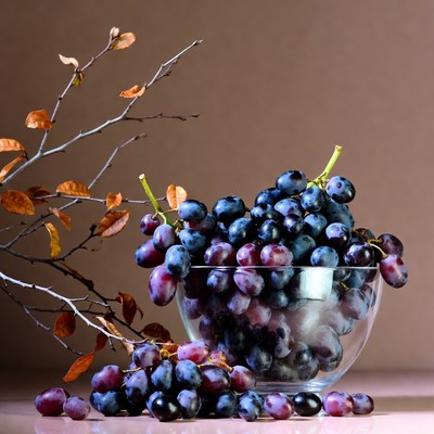 Purple Grapes in Glass Bowl