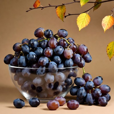 Purple grapes in glass bowl