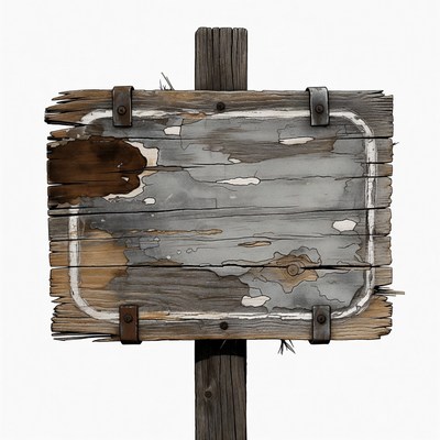 Old weathered wooden sign on post