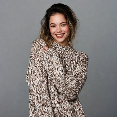 Smiling woman in chunky knit sweater