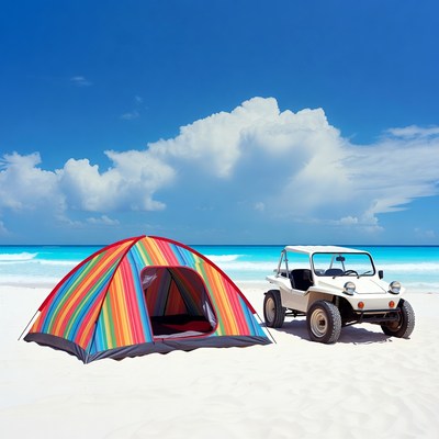Colorful tent and dune buggy on beach