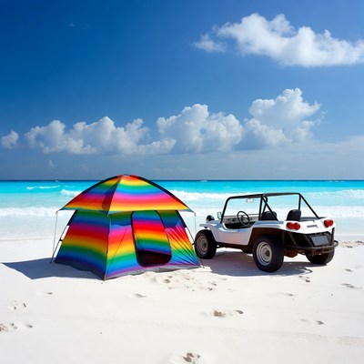 Rainbow tent and jeep on beach