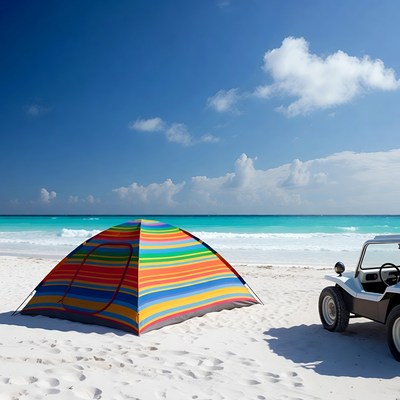 Colorful tent and dune buggy on beach