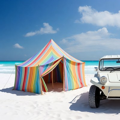 Colorful Striped Tent and VW Beetle Beach