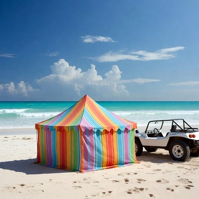 Colorful striped tent and dune buggy beach