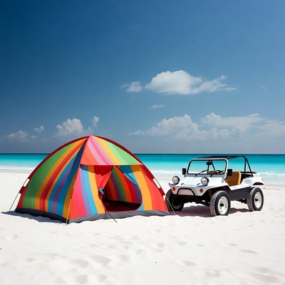 Colorful Tent and White Dune Buggy Beach