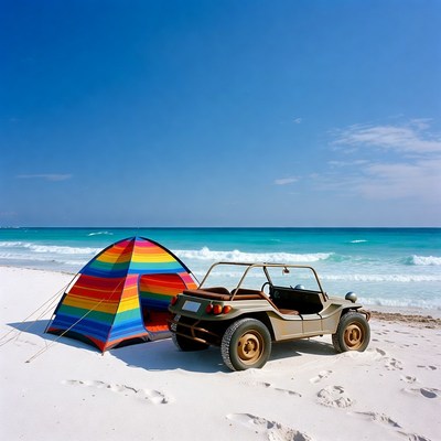 Colorful tent and dune buggy on beach