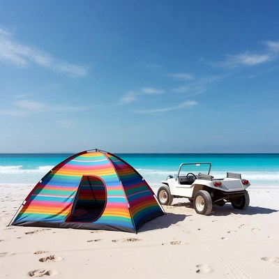 Colorful tent and dune buggy on beach