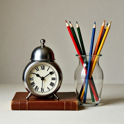 Alarm Clock with Colored Pencils and Book
