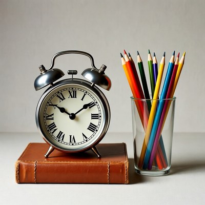 Vintage Alarm Clock with Colored Pencils
