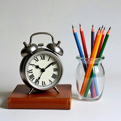 Silver Alarm Clock with Colored Pencils