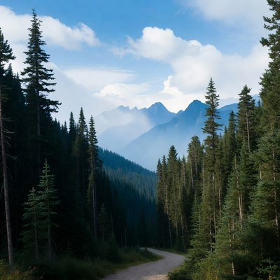 Winding Trail Through Pine Forest Mountains