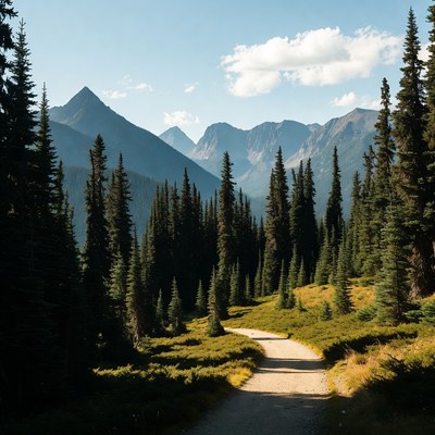 Winding trail through pine forest mountains
