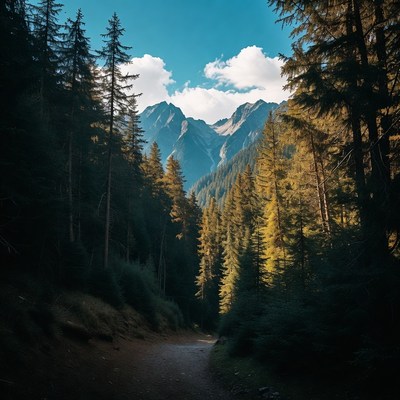 Forest Trail Leading to Mountains