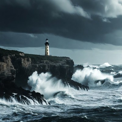 Lighthouse on Cliff in Stormy Waves
