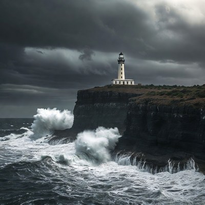 White Lighthouse on Cliff During Storm
