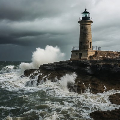 Lighthouse Amid Stormy Ocean Waves