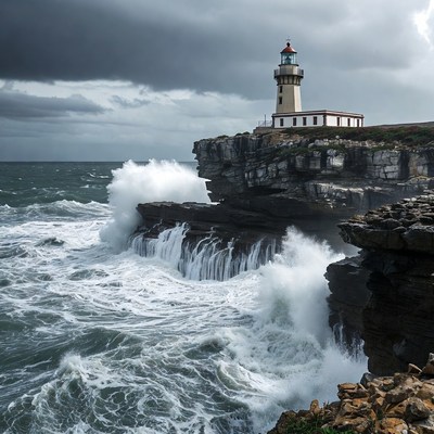 Lighthouse on Cliff with Crashing Waves