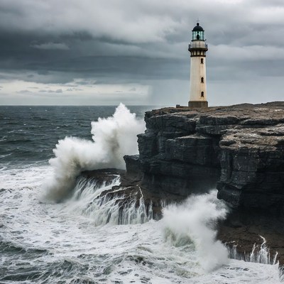 Lighthouse on Cliff Amid Crashing Waves
