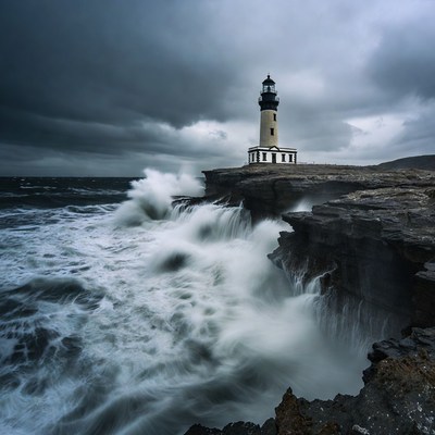 Lighthouse on Cliff Amid Crashing Waves