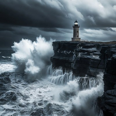 Lighthouse on Cliff in Stormy Waves