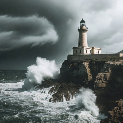 Lighthouse on cliff during stormy waves