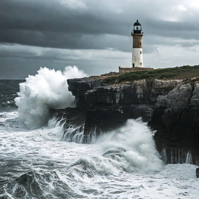 Lighthouse on Cliff Amid Crashing Waves