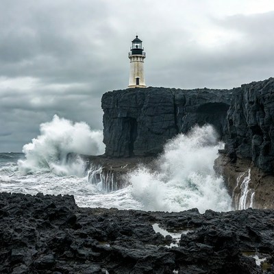 Lighthouse on Cliff Amid Crashing Waves