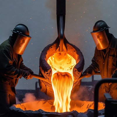 Workers Pouring Molten Metal Foundry