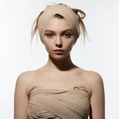 Woman wrapped in beige bandages