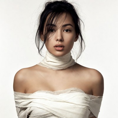 Asian woman in white draped outfit