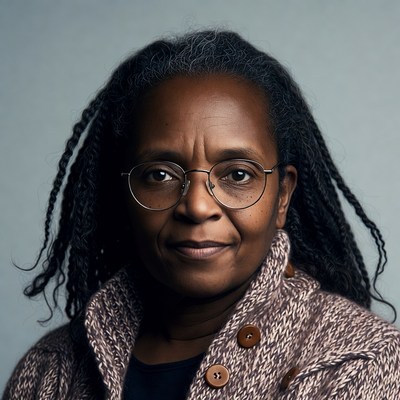 African-American woman with dreadlocks and glasses