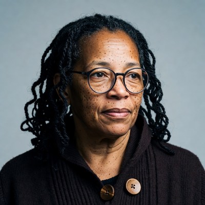 African-American woman with dreadlocks and glasses
